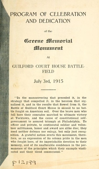 Program of the Celebration and Dedication of the Nathanael Greene Monument (Cover Page)