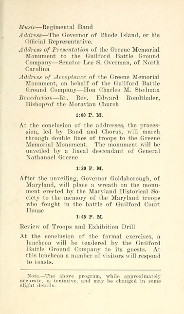 Program of the Celebration and Dedication of the Nathanael Greene Monument (Events)