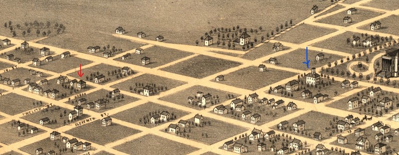 Bowker House (red arrow) and Lincoln College (blue arrow) on 1869 bird's eye view map (Ruger)