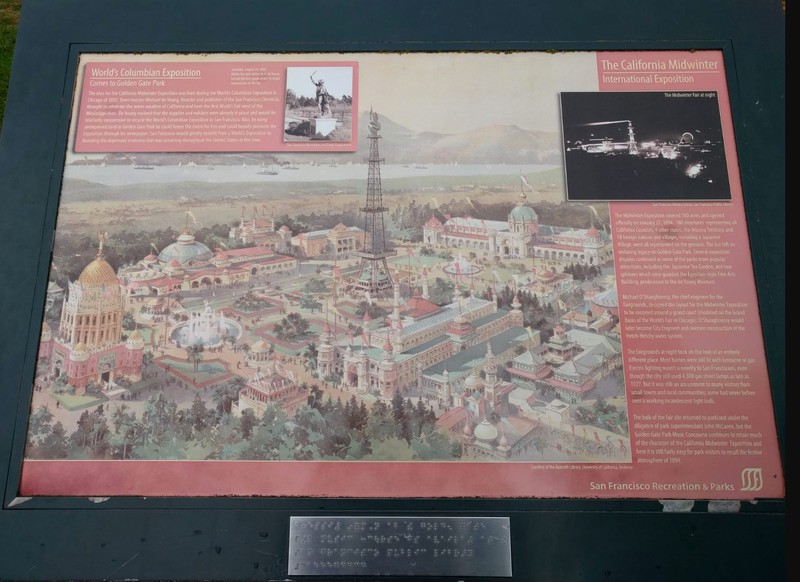Historical Marker showing an illustration of the 1894 California Midwinter International Exposition ("world's fair") in Golden Gate Park