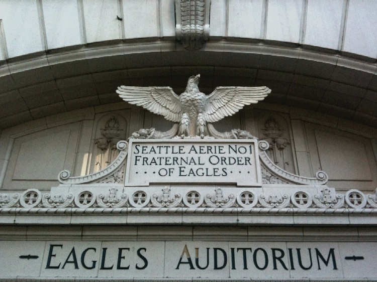 Architectural features remind Seattle residents of the building's original use as an auditorium that was built by the Fraternal Order of Eagles. 