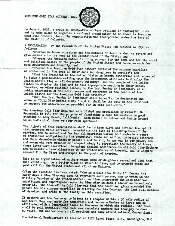 Letter of proclamation of Gold Star Mother’s Day as the last Sunday in September. The letter describes the formation of the Gold Star Mothers group, establishment of American Gold Star Home, and rules of the organization. 