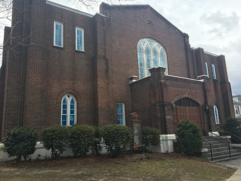 St. Peter's AME Zion Church in New Bern, North Carolina. The structure is gothic-style, constructed of bricks. 