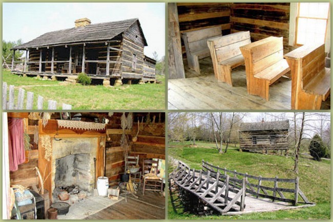 A view of the Mckenzie farmhouse, and other various buildings on site.