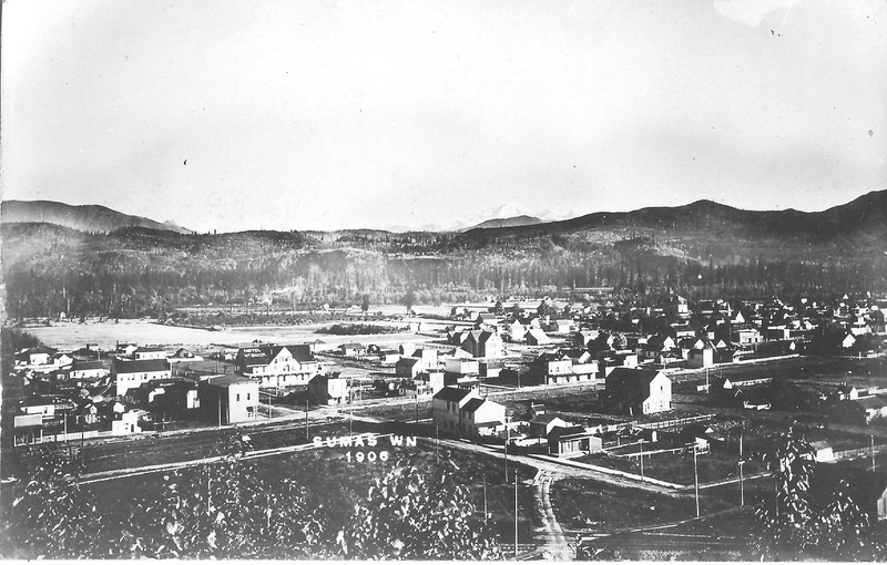 A view of Sumas in 1906 looking eastt towards Mt. Baker. The photograph was taken from a viewpoint on Barker's Hill which has since been renamed Moe's Hill.