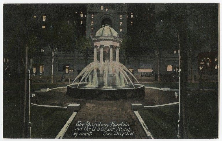 A 1915 view of the world's first electrically lit fountain, allowing for this photograph to be taken at night--a rarity for the era, as the sensitivity of film stocks at the time made it difficult to expose film properly in dark environments.