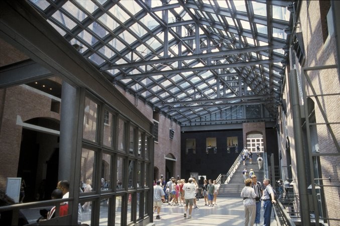 Visitors in the hall of Witness at the United States Holocaust Memorial Museum. 