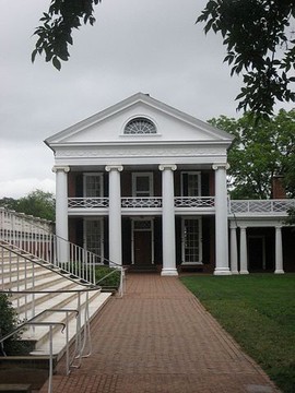 Pavilion II (center) and the stairs and columns of the Rotunda (left) in the Academical Village of the University of Virginia