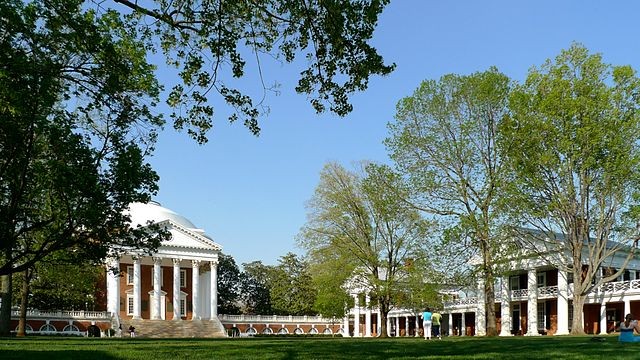 The Lawn of the University of Virginia, USA, with the Rotunda (left) and Pavilions II (middle) and IV (right)