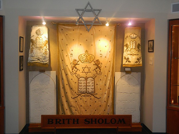 Archive museum exhibit of items from the Brith Sholom Congregation's history