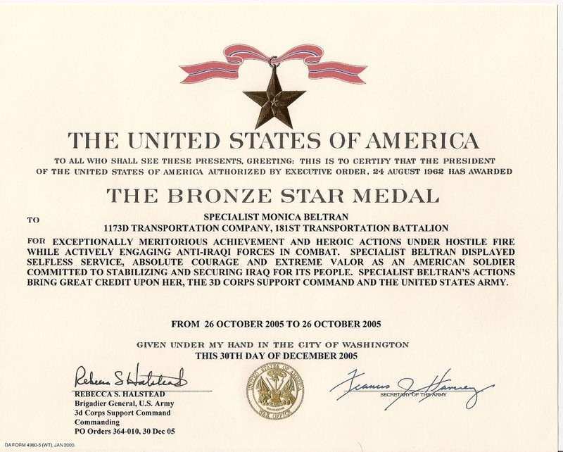 Monica Beltran's Bronze Star Certificate, courtesy of John W. Listman Jr., Virginia National Guard and Fort Pickett Museum, Blackstone, Va.