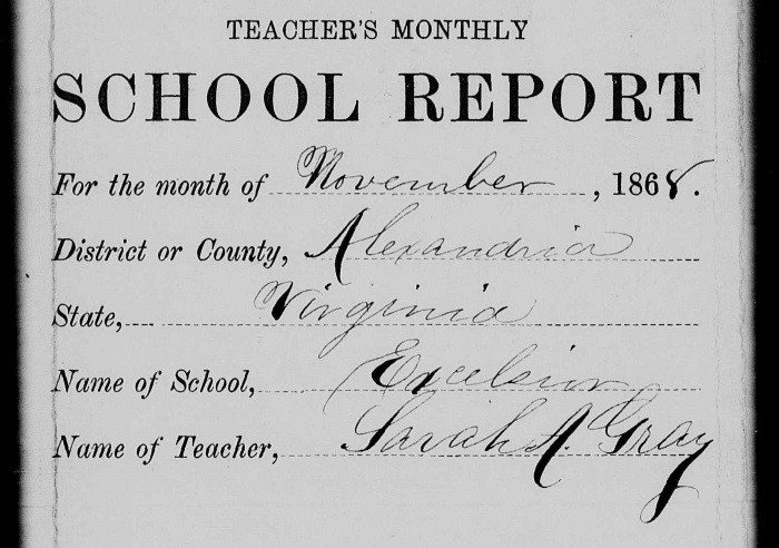 Sarah A. Gray's signed school report to the Freedmen's Bureau, November 1858, image courtesy of the National Archives and Records Administration, Washington, D.C.