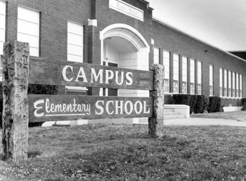 The front of Campus School with its original sign (photo from Boise State Special Collections)