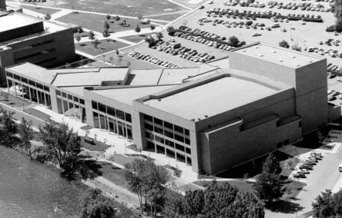 View of the Velma V. Morrison Center from above, resembling the shape of the state of Idaho. 

Photo Courtesy of Boise State University Library, Special Collections and Archives.