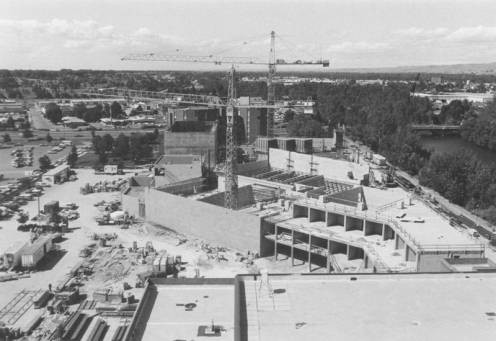 Construction of the Velma V. Morrison Center ca. 1983.

Photo Courtesy of Boise State University Library, Special Collections and Archives.