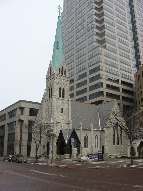 The "Little Church on the Circle," completed in 1858, has since been dwarfed by the surrounding buildings.