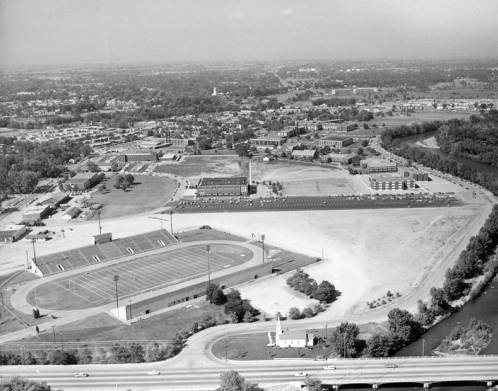 An aerial view of Christ Chapel in 1968 at its third and current location on Boise State University campus. Provided by Boise State University Library, Special Collections Archives.