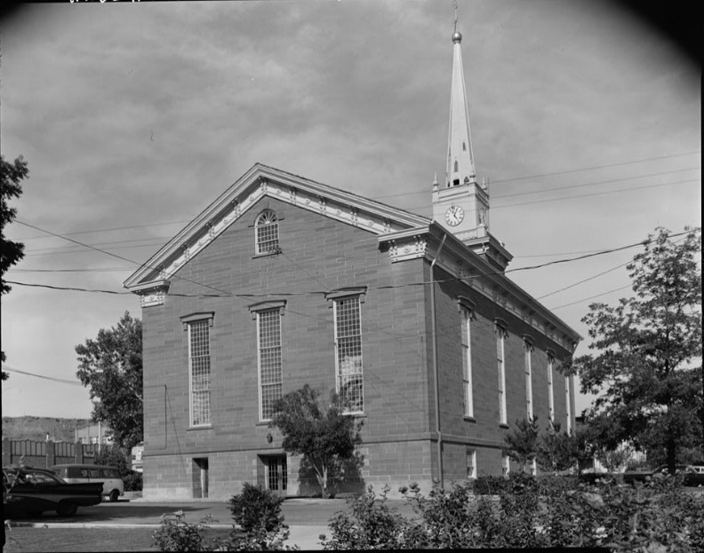 Rear (west) elevation and clock on St. George Tabernacle in 1968 Fairbanks photo (HABS UT-16)