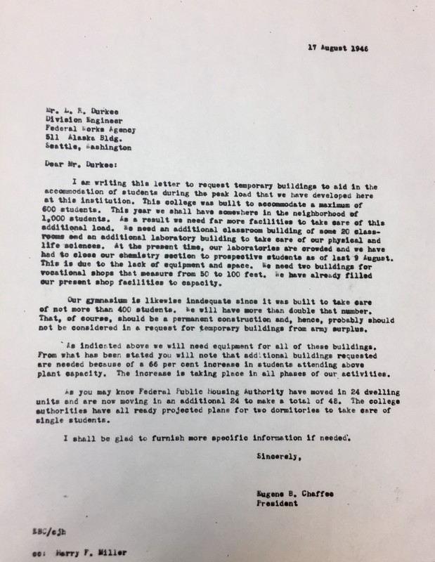 Letter sent from President Chaffee while deployed in Navy proposing new dormitories for Boise State College (August 17, 1946)
courtesy of Boise State Special Collections and Archives