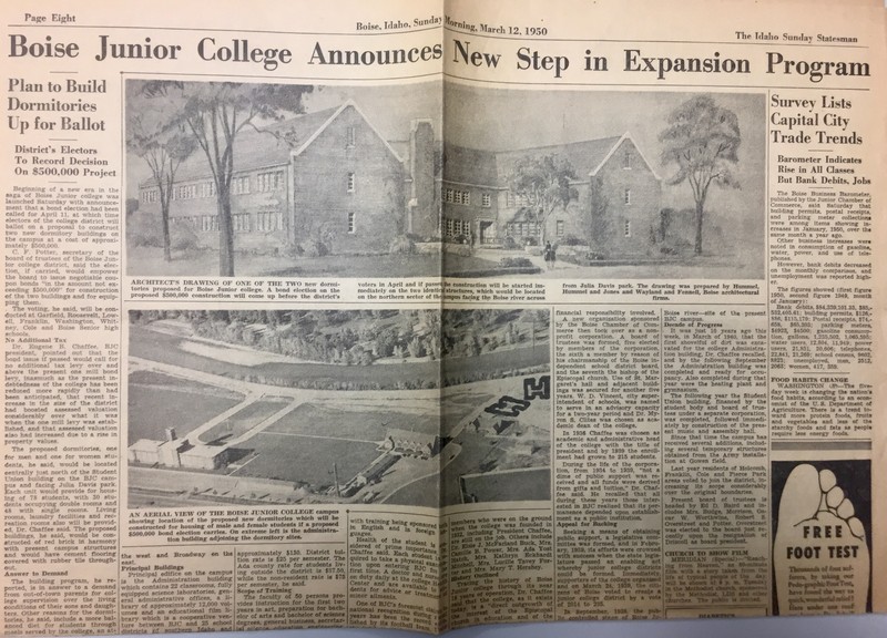 The Idaho Sunday Statesman Article documenting Boise State College's Plan to Expand (March 12, 1950)
courtesy of Boise State Special Collections and Archives