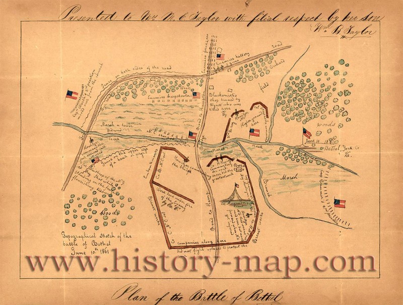 Original map of the Battle of Big Bethel.  Believed to be the first map drawn during the Civil War.