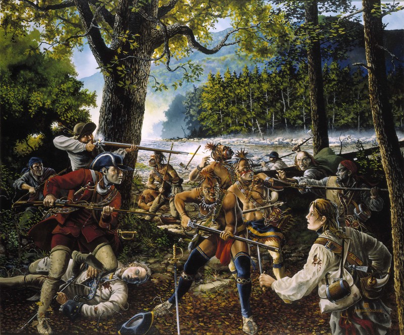 "Twenty Brave Men" by Jackson Walker depicts Captain Smith and his men fighting the French and Indians along Lost River