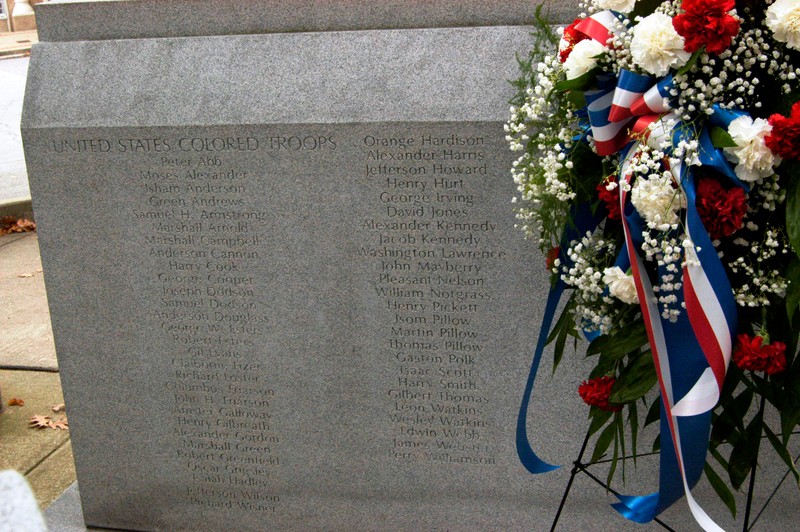 The base of the monument where fifty-four names of the United States Colored Troops as well as four federal soldiers who died in action during the Civil War were added in 2013.