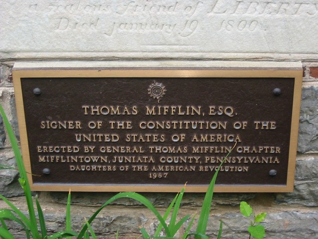 A plaque commemorating Thomas Mifflin.