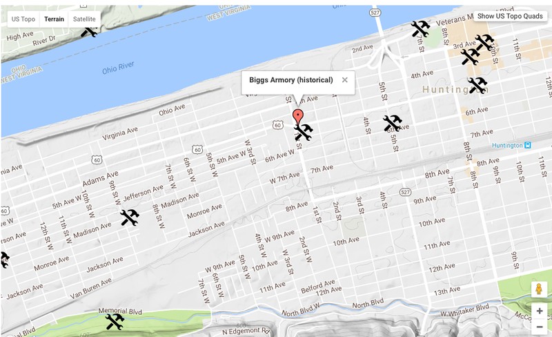 The historical location of Biggs Armory can be viewed on a US Topographic Map in the Huntington, WV US Topo Map quadrant. 