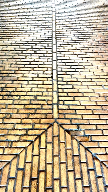 An example of the brick arrangement in the floors of the stables: channels were constructed by the bricks which led to drains. Photo taken by Ellen Tuttle