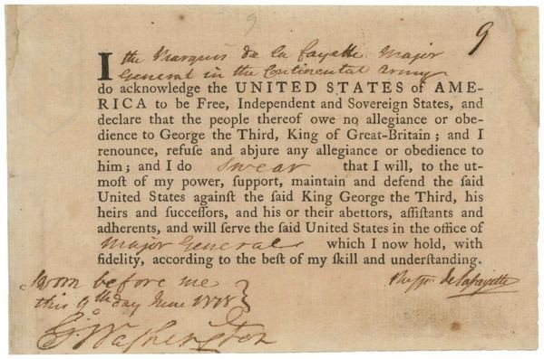 Lafayette's Oath of Allegiance to the United States, June 9, 1778. National Archives.