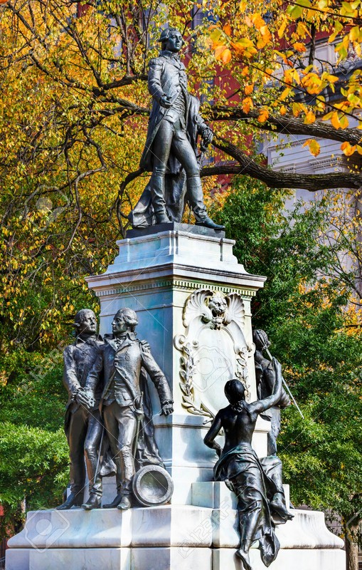 The full statue of the Frenchman that came to assist in the Revolution. The personified symbol of America sits at his feet.