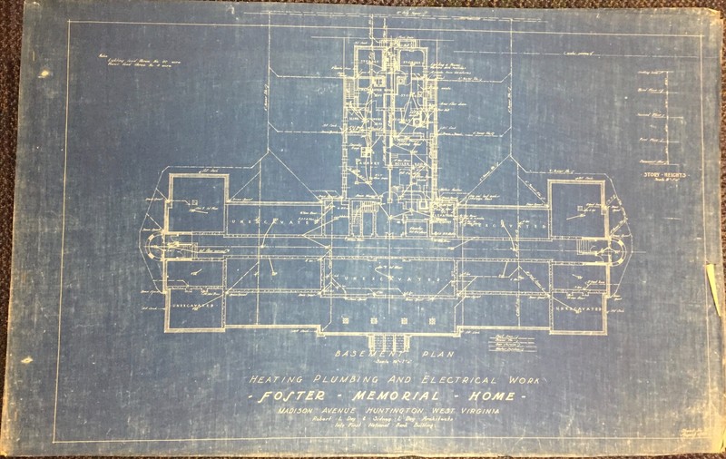 A blueprint showing heating and plumbing work for the Foster Memorial Building, from the Sidney Day collection in Marshall University Special Collections Department.