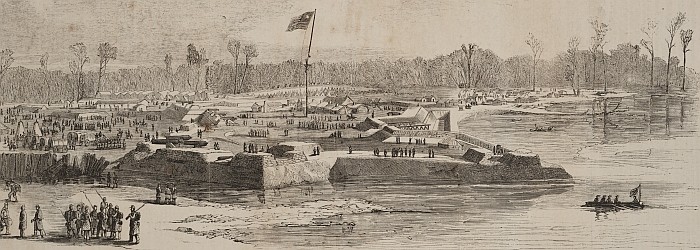 Fort Henry shortly after the Union had taken possession of the fort. Notice how the part of the fort in the foreground is pictured under water from the rising of the river.