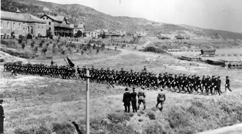 1911 photo of a troop inspection by Brigadier General T. H. Bliss of the 28th and 115th Companies, Coast Artillery Corps.