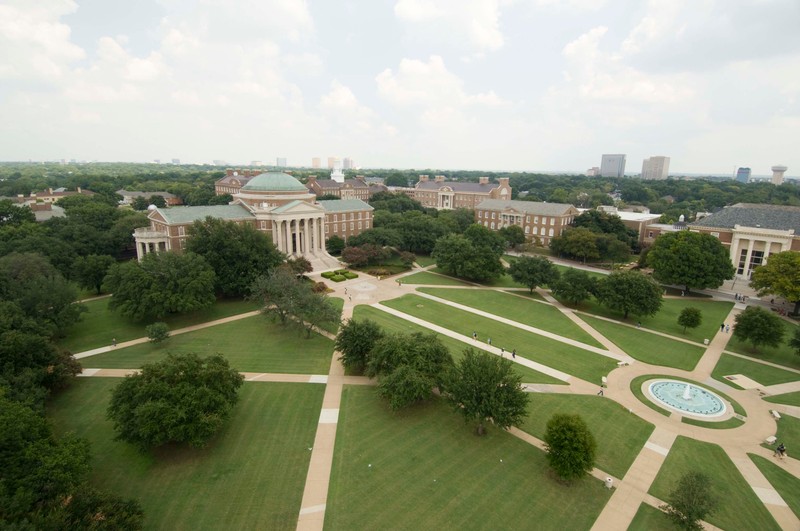 This aerial shot reveals just how large Dallas Hall truly is.  The Dallas skyline can be seen in the background.   