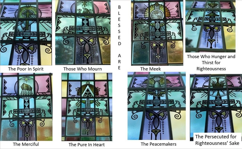 The windows in the balcony reflect the Sermon on the Mount. Eight of them are based on the Beatitudes. One on You Are the Salt of the Earth, and two are related to You Are The Light of The World.