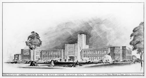 Charcoal drawing of Boise Junior College Administration building, drawn 1930