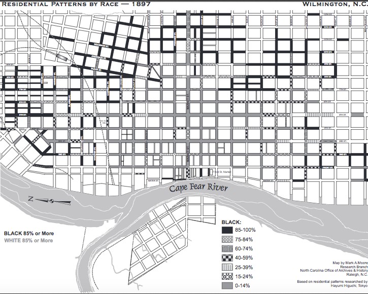 Residential patterns by race, 1897.

http://www.history.ncdcr.gov/1898-wrrc/report/maps/residential-patterns-by-race_1897.pdf