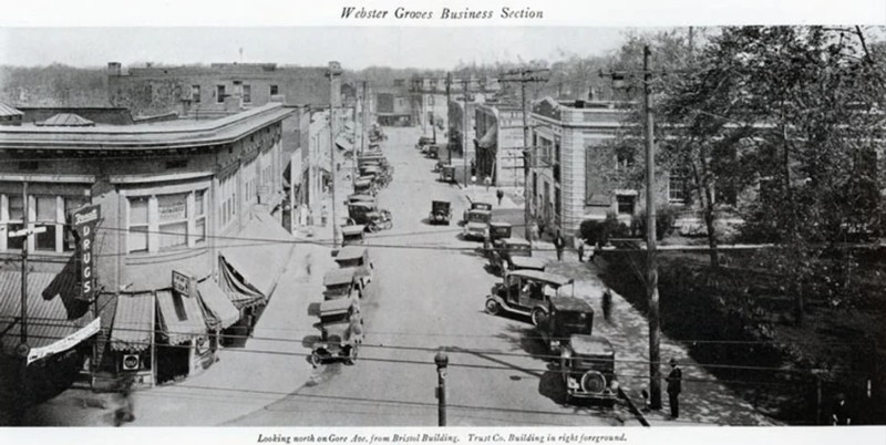 1925 photo of Webster Grove Business Section. The east wing of the Gorlock Building can be seen on the left
