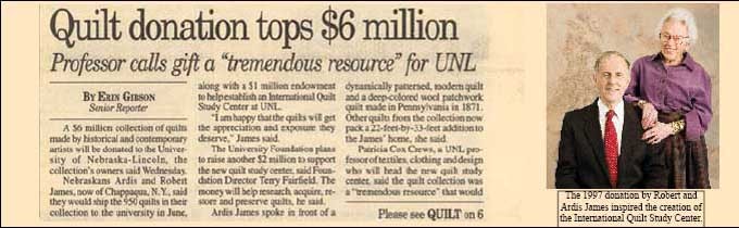 Newspaper clipping describing the James' quilt donation to the university.