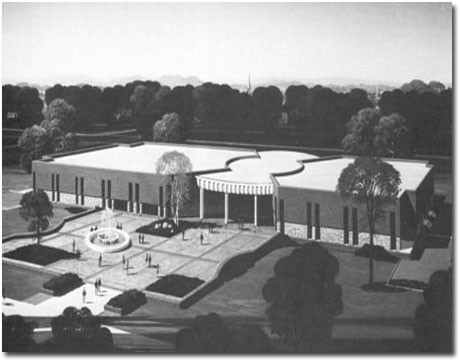 Artist's conception of the MSC. A simpler fountain had been planned to go in the plaza before the idea for the Memorial Fountain.