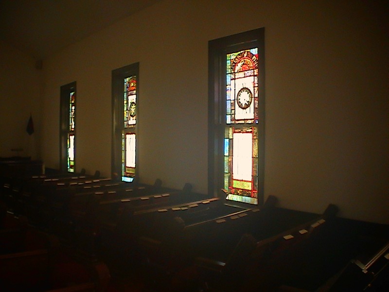 Some of the stained glass windows original to Wesley Memorial Church in Atlanta and installed in First Presbyterian Villa Rica ca. 1964-1965. Photo by Ernest E. Blevins, MFA, 14 July 2005.