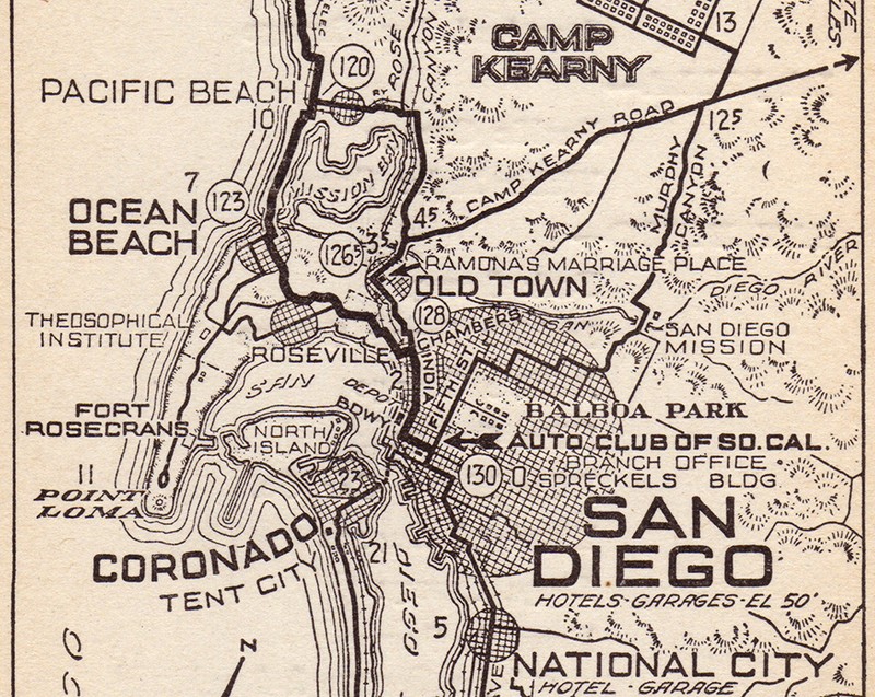 Clip from the 1920 Automobile Club of Southern California map No. 482, showing Casa de Estudillo as "Ramona's Marriage Place" in Old Town.