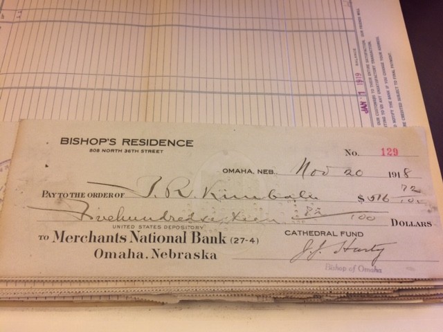 Photo was taken at the Archdiocese of Omaha.
J.J. Harty, check to Thomas Rogers Kimball, 20 November 1918, Archive Box 68, fol.1, Archdiocese of Omaha Collection, Archdiocese of Omaha, Omaha, Nebraska.
