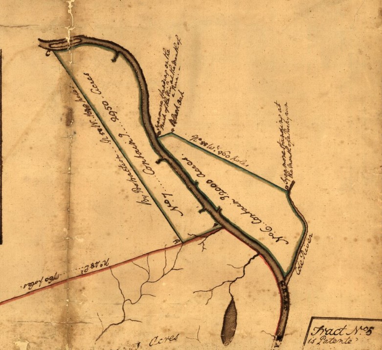 Section of survey map showing land tracts of Washington and others along the Kanawha