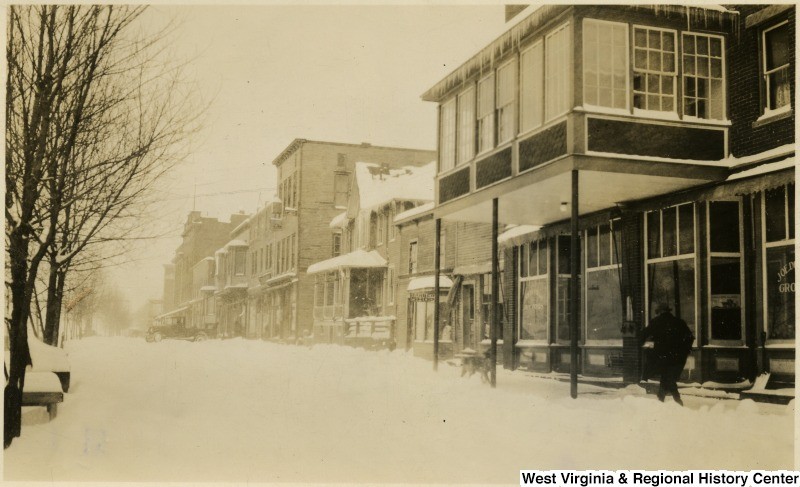 Thomas' commercial riverfront under snow. Photo undated. 