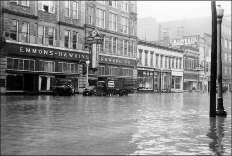 A photo of the Emmons-Hawkins Hardware Co. during the 1937 flood, courtesy of James E. Casto.