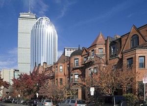 Typical South End Rowhouses near the Prudential Center Tower, Courtesy of http://www.south-end-boston.com/History