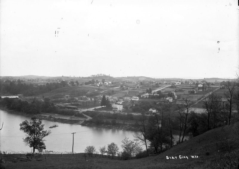 Undated photo of Star City from across the Monongahela River, with the Star Glass works to the left.
